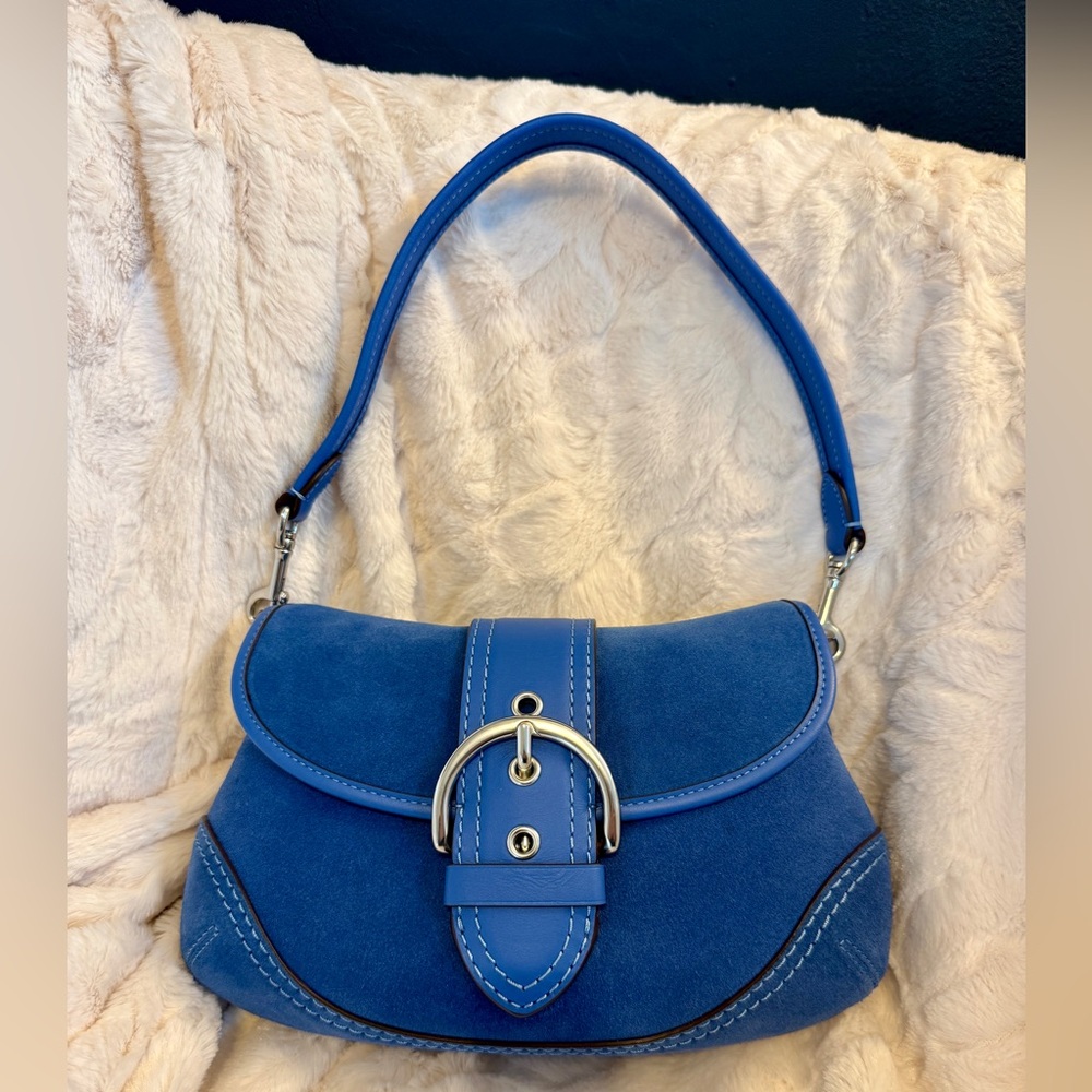 EUC Coach Soho flap shoulder bag re-edition in mist blue suede w/silver hardware